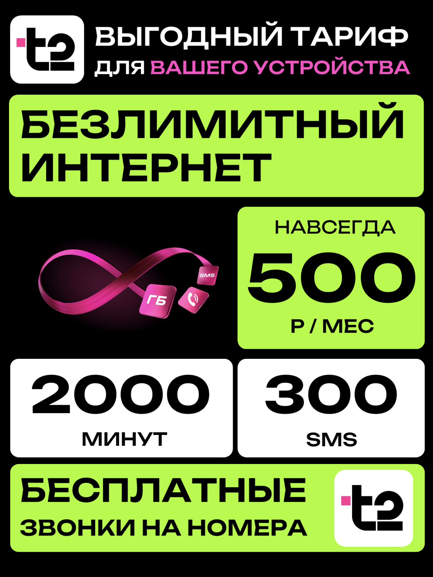 ТЕЛЕ2 500Р | 2000 минут / Безлим. Инт.